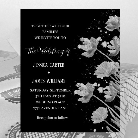Papier Floral noir et blanc Élégant Mariage simple