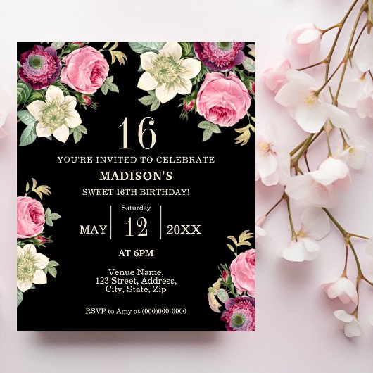 Papier Floral noir et rose 16e anniversaire Invitation