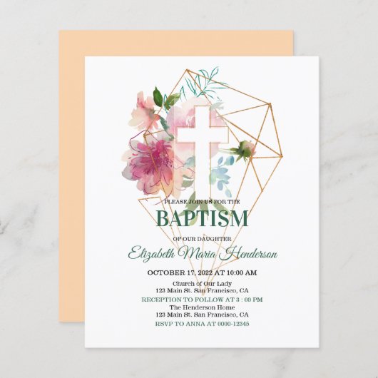 Papier Floral & Or/BUDGET- Invitation Baptême Fille. (Devant / Derrière)