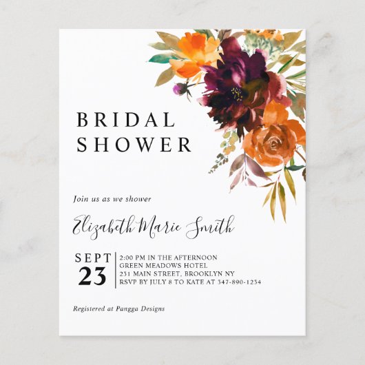 Papier Floral Red Fall Budget Douche nuptiale Invitation (Devant)