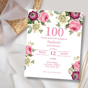 Papier Floral rose   100e Invitation d'anniversaire du bu