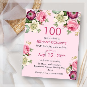 Papier Floral rose   100e Invitation d'anniversaire du bu