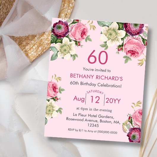 Papier Floral rose | 60e Invitation d'anniversaire du bud