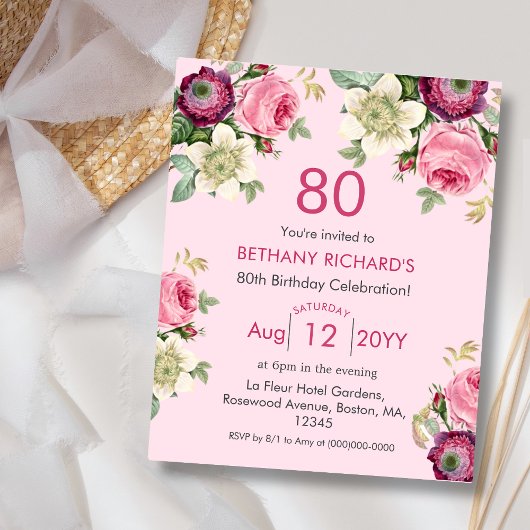 Papier Floral rose | 80e Invitation d'anniversaire du bud