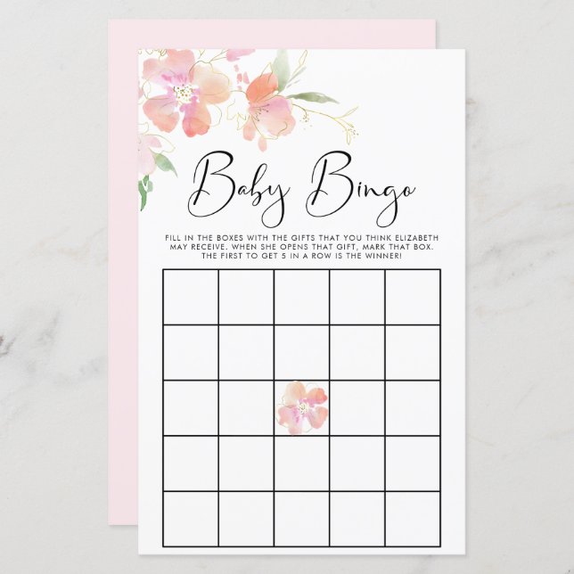 Papier Floral rose Aquarelle Bingo Jeu de douche Bingo (Devant / Derrière)