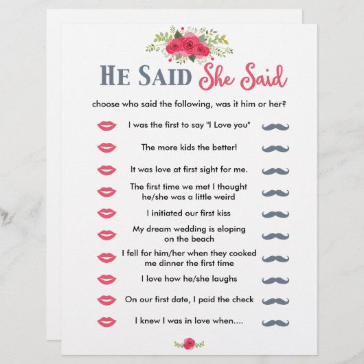 Papier Floral Rose Il A Dit Qu'Elle A Dit Game (Devant / Derrière)