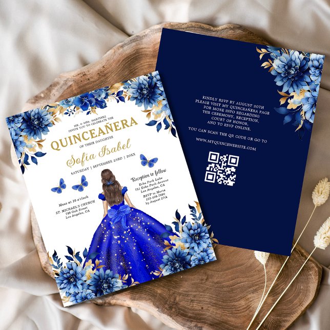 Papier Floral Royal Blue QR Code Princess Quinceanera (Créateur téléchargé)