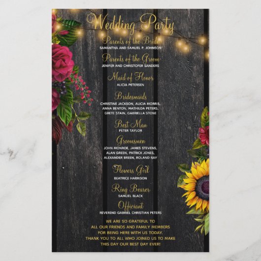 Papier Floral rustique bois or lumières mariage cérémonie (Dos)