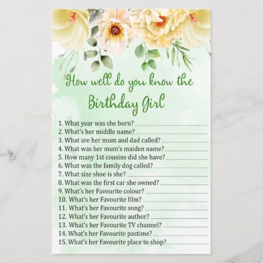 Papier Floral Tu connais bien la fille d'anniversaire (Devant)