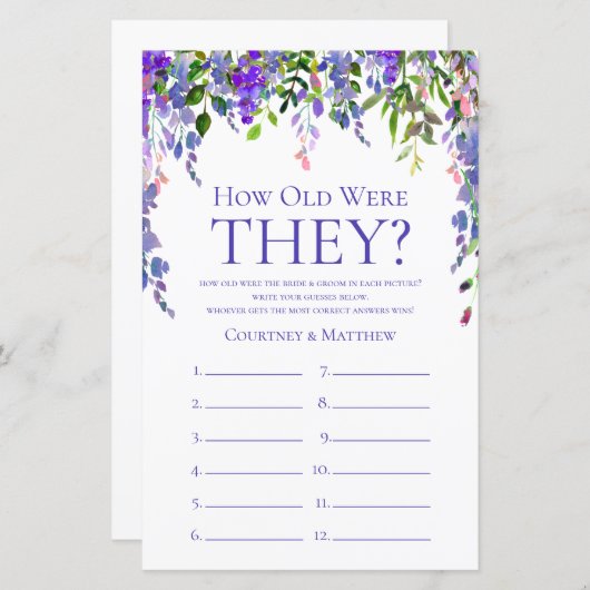 Papier Floral Violet Quel Âge Ont-Ils Été Fête des mariée (Devant / Derrière)