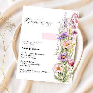 Papier Florals croix rose fille Baptême invitation