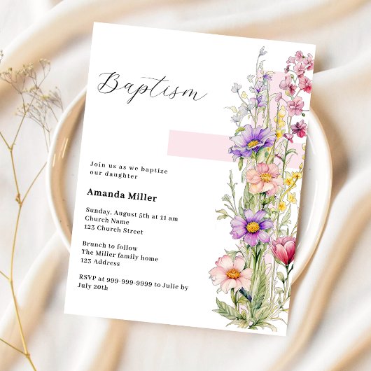 Papier Florals croix rose fille Baptême invitation