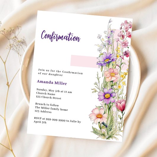 Papier Florals croix rose fille invitation de confirmatio