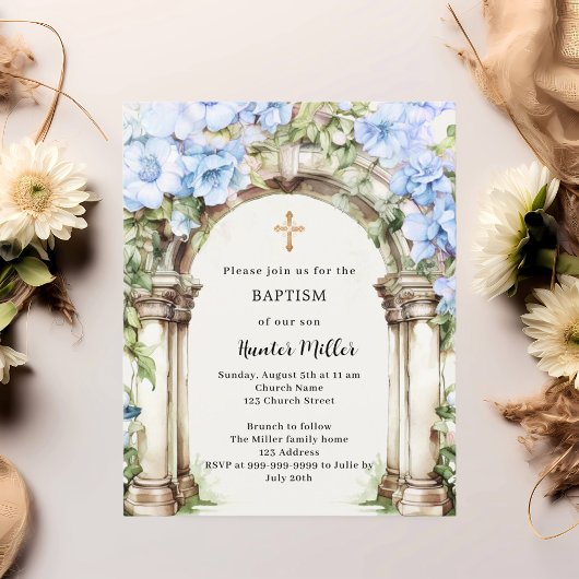Papier Floraux bleus arch beige garçon Baptême invitation