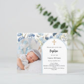 Papier Floraux bleus photo arc garçon Baptême invitation (Debout devant)