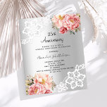 Papier Floraux rose argent 25e anniversaire mariage<br><div class="desc">Une invitation élégante et romantique 25ème anniversaire de mariage. Un arrière - plan à l'aspect faux argent décoré de fleurs d'or rose et rose,  de dentelle rose et blanche. Personnalisez et ajoutez vos noms et détails. 1 feuille = 1 invite imprimé bord à bord.</div>