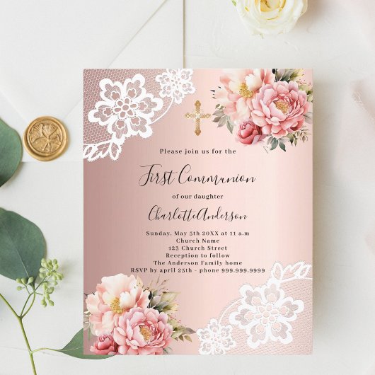 Papier Floraux rose or rose Première communion invitation