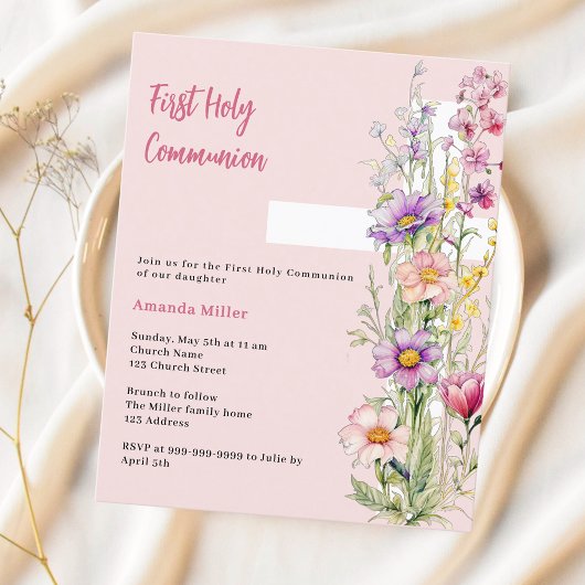 Papier Floraux roses croix fille Première communion invit
