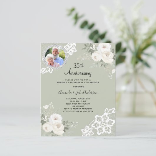 Papier Flore blanche verte photo 25e faire-part de mariag (Debout devant)