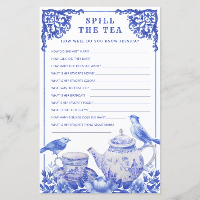 Papier Flore Bleu & Blanc Déverser le jeu de douche à thé (Devant)