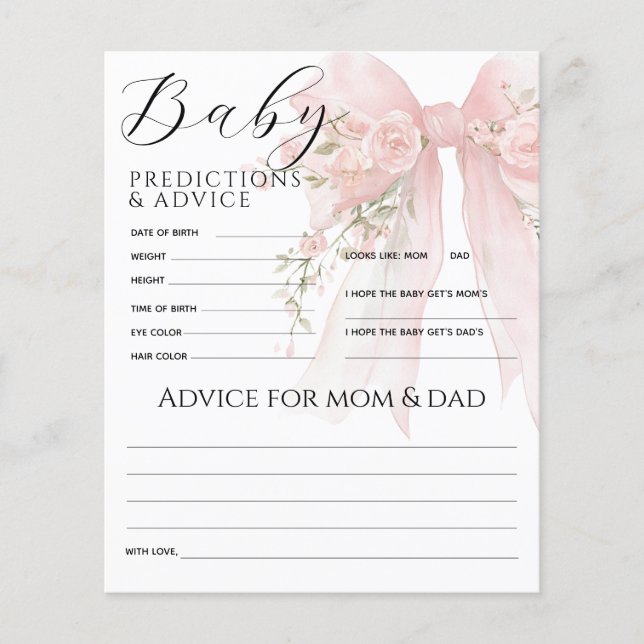Papier Flore Bow Elegant Baby shower Prediction Jeu (Devant)