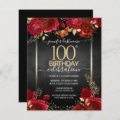 Papier Flore rouge et or 100e anniversaire Invitation (Devant / Derrière)