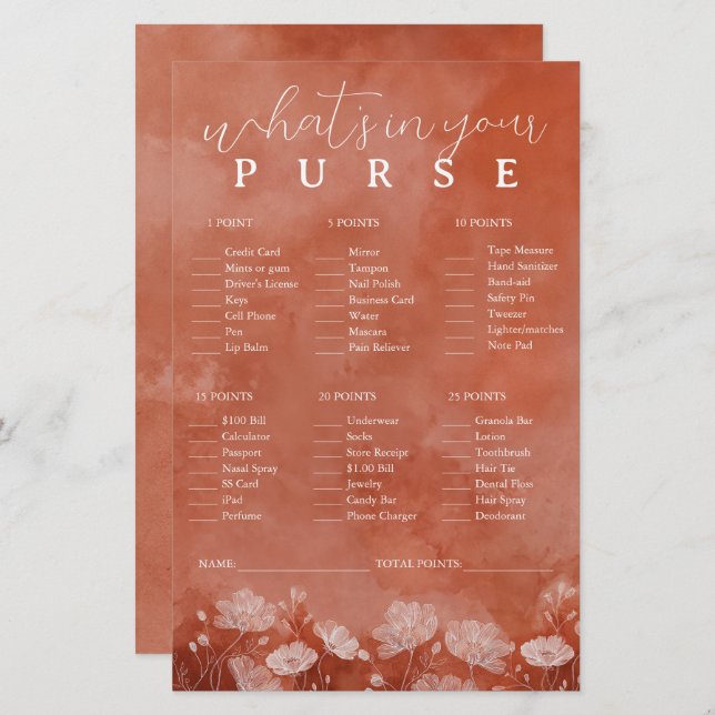 Papier Flore rouille Ce qui est dans votre jeu de bourse (Devant / Derrière)