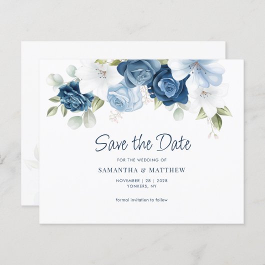 Papier Flore vert Dusty Bleu Enregistrer la date (Devant / Derrière)