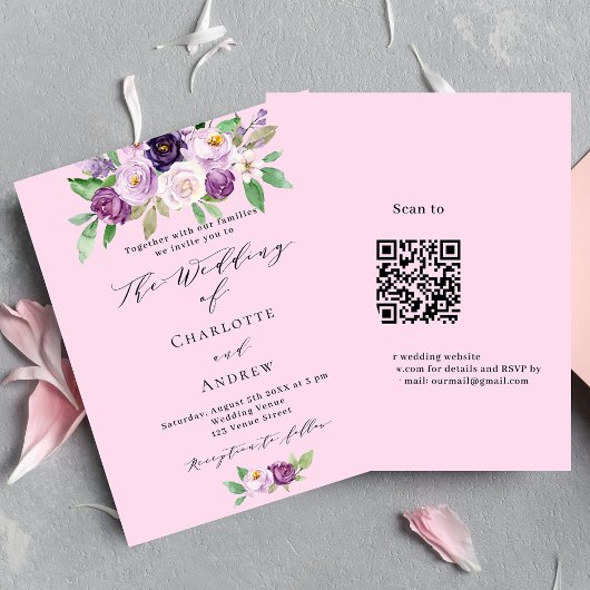 Papier Flores rose violet QR budget faire-part de mariage