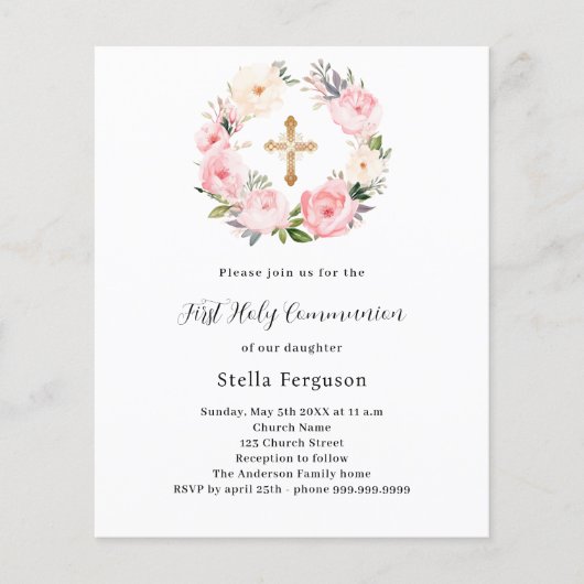 Papier Flores roses couronnes invitation à la première co (Devant)