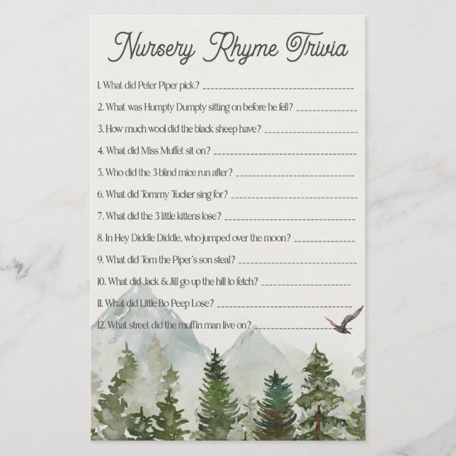 Papier forêt bois pépinière rime trivia baby shower (Devant)