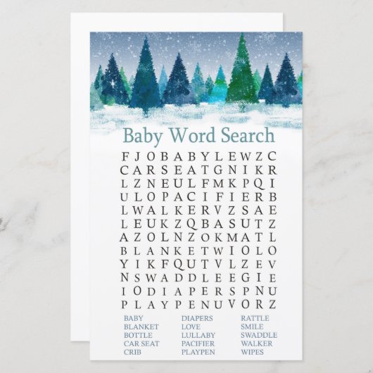 Papier forêt d'hiver Baby shower Word Recherche Jeu (Devant / Derrière)