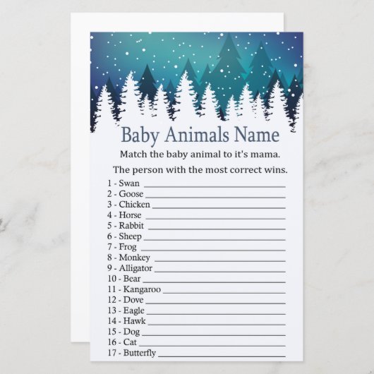 Papier Forêt d'hiver Bébé Animaux Nom baby shower de jeu (Devant / Derrière)