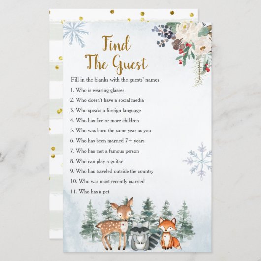 Papier Forêt forestière d'hiver Trouvez le jeu d'invités (Devant / Derrière)