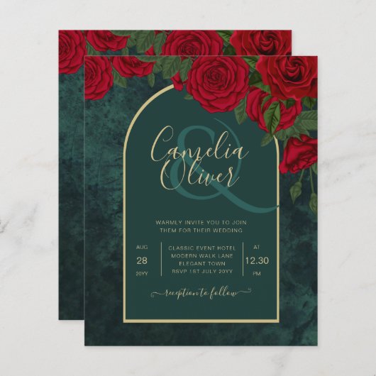 Papier Forêt Vert Or ROUGE Roses Mariage d'hiver (Devant / Derrière)