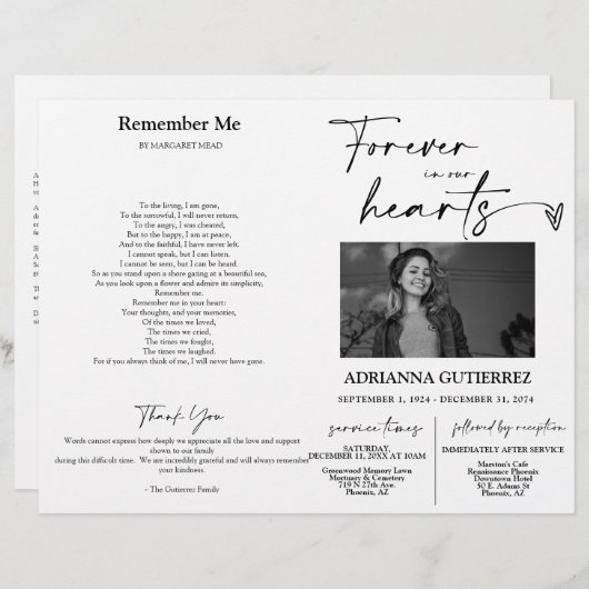 Papier Forever in our Hearts Memorial Photo Program (Devant / Derrière)