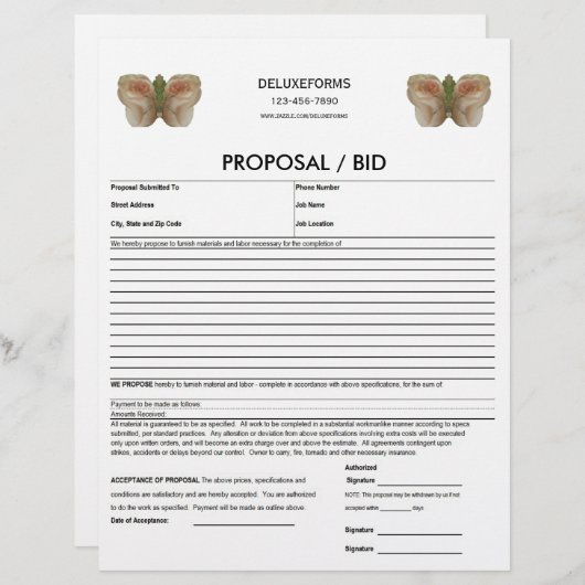 Papier Formulaire de proposition de papillon d'eau Blanc (Devant / Derrière)