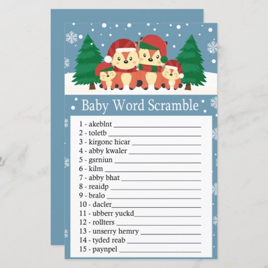 Papier Fox d'hiver Baby word scramble jeu (Devant / Derrière)