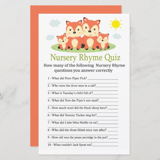 Papier Fox Nursery Rhyme Quiz jeu de baby shower (Devant / Derrière)