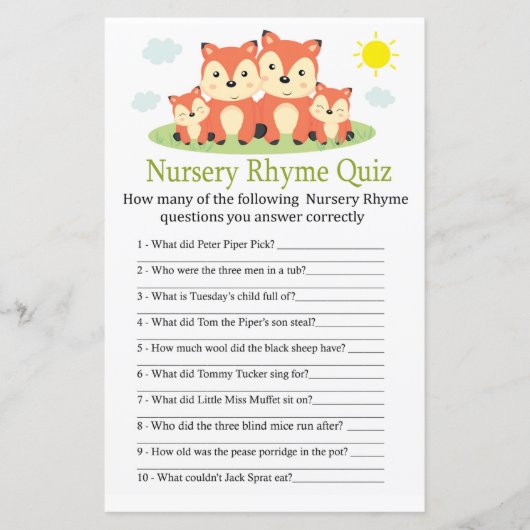 Papier Fox Nursery Rhyme Quiz jeu de baby shower (Devant)