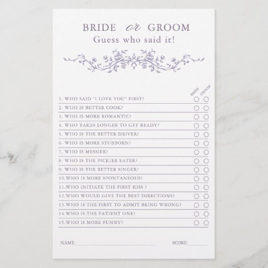 Papier French Lavender 'Bride or Groom' Bridal Game (Devant)