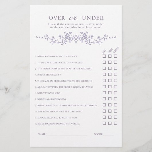 Papier French Lavender 'Over or Under' Bridal Shower Game (Devant)