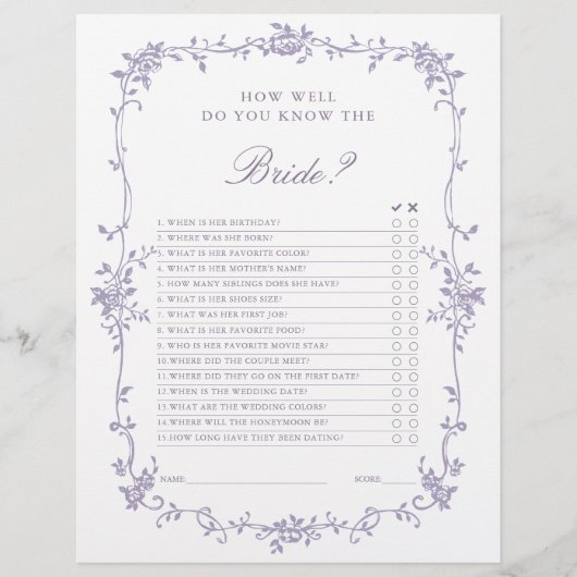 Papier French Victorian Lavender Bridal Shower Game (Devant)