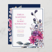 Papier Fuchsia Mariage floral bleu marine rose (Devant / Derrière)