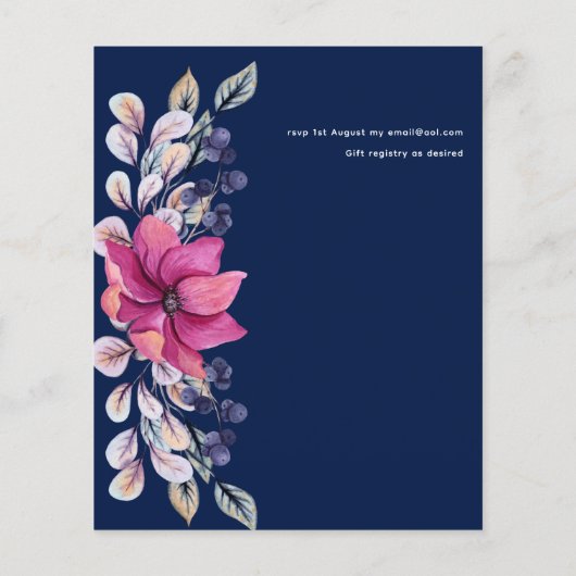 Papier Fuchsia Mariage floral bleu marine rose (Dos)