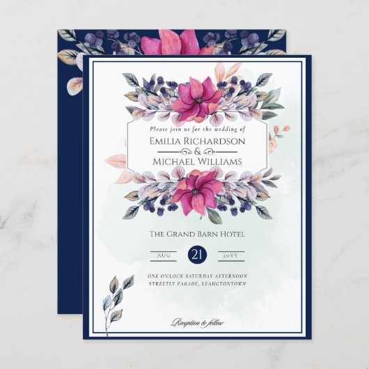 Papier Fuchsia Marine Rose Bleu Floral Chic Mariage (Devant / Derrière)