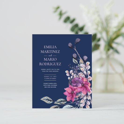Papier Fuchsia Pink Navy Blue Floral Mariage Budget (Debout devant)