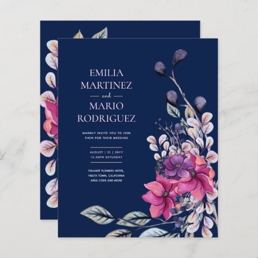 Papier Fuchsia Pink Navy Blue Floral Mariage Budget (Devant / Derrière)