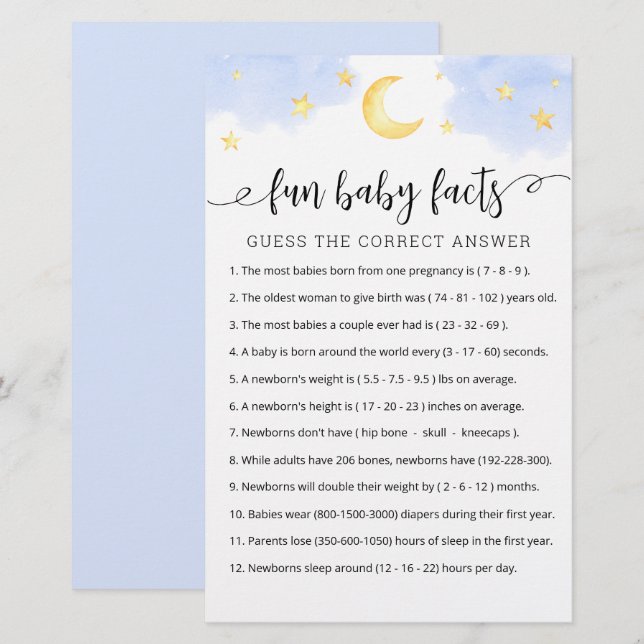 Papier Fun Baby Facts Jeu avec réponses Baby shower parti (Devant / Derrière)