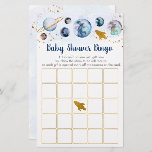 Papier Galaxy Blue Gold Space Baby shower Bingo Jeu (Devant / Derrière)